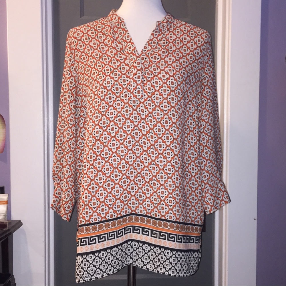❤️ Orange White Floral Pattern Long Sleeve Blouse